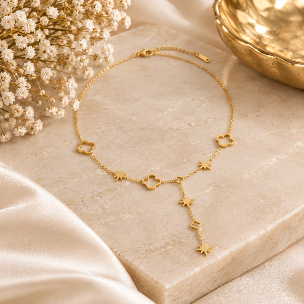 Collier Olivia doré présenté dans un décor beige