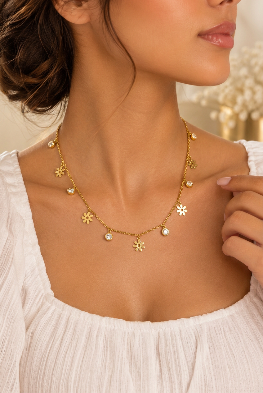Collier Alba porté avec un haut blanc