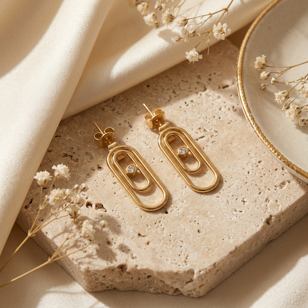 Paire de boucles d’oreilles Agathe sur décor beige