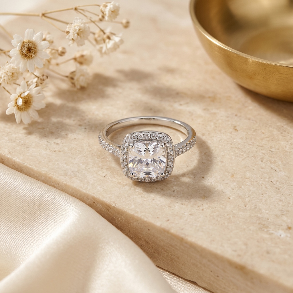 Bague Lorah argentée sur fond beige