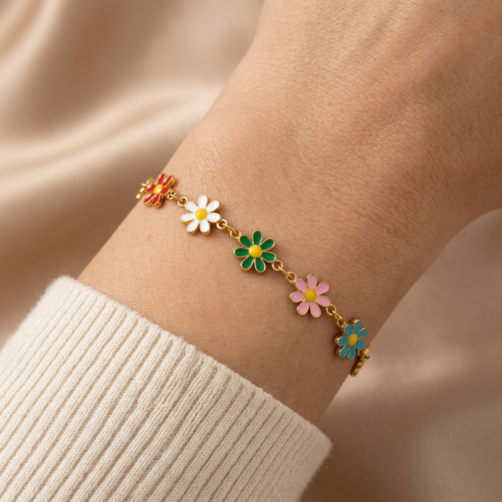 Bracelet Selshy porté au poignet, fleurs colorées sans motif entièrement doré