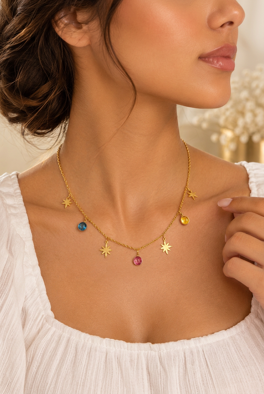 Collier Sarah porté avec un haut blanc
