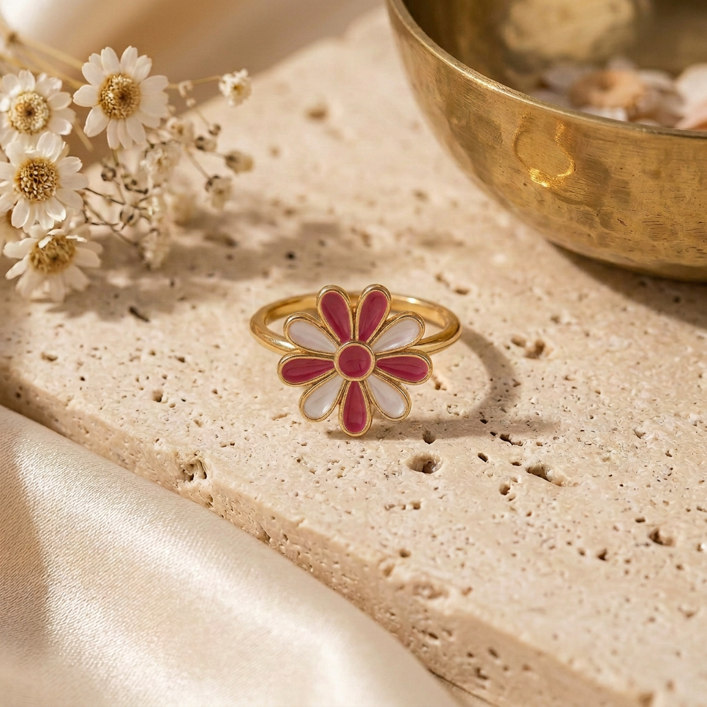 Bague Marguerite rose foncé sur fond beige
