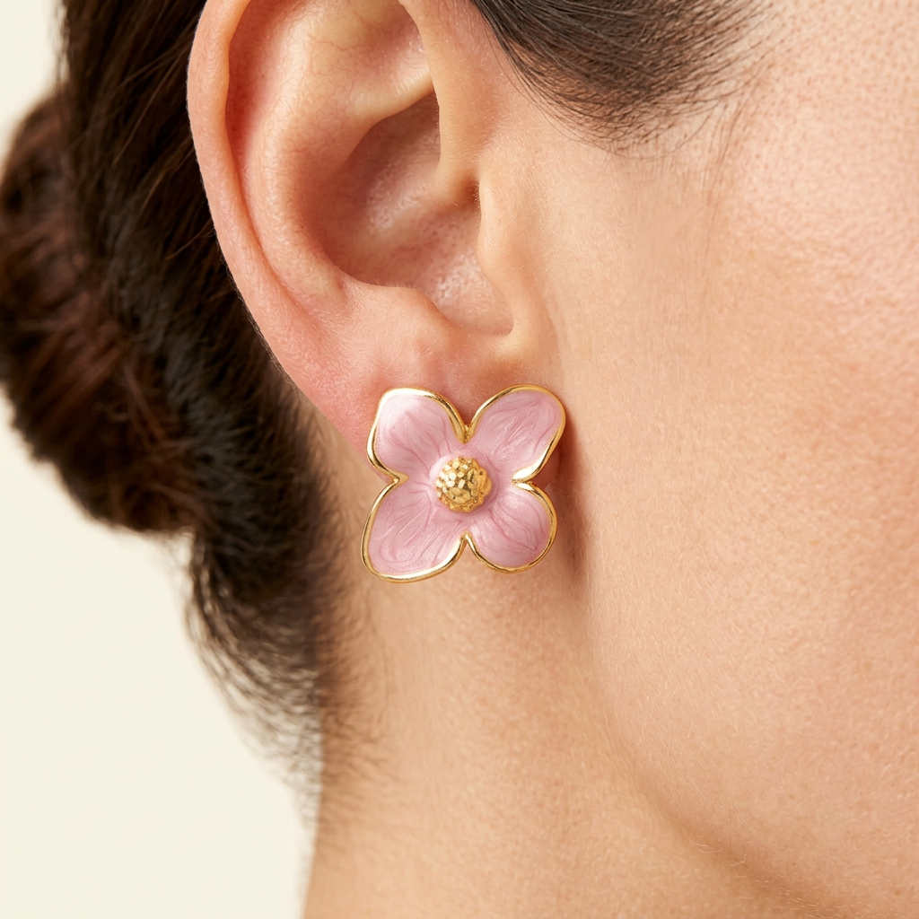 Boucle Églantine rose portée en gros plan