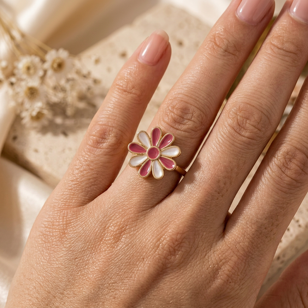 Bague Marguerite rose portée au doigt en gros plan