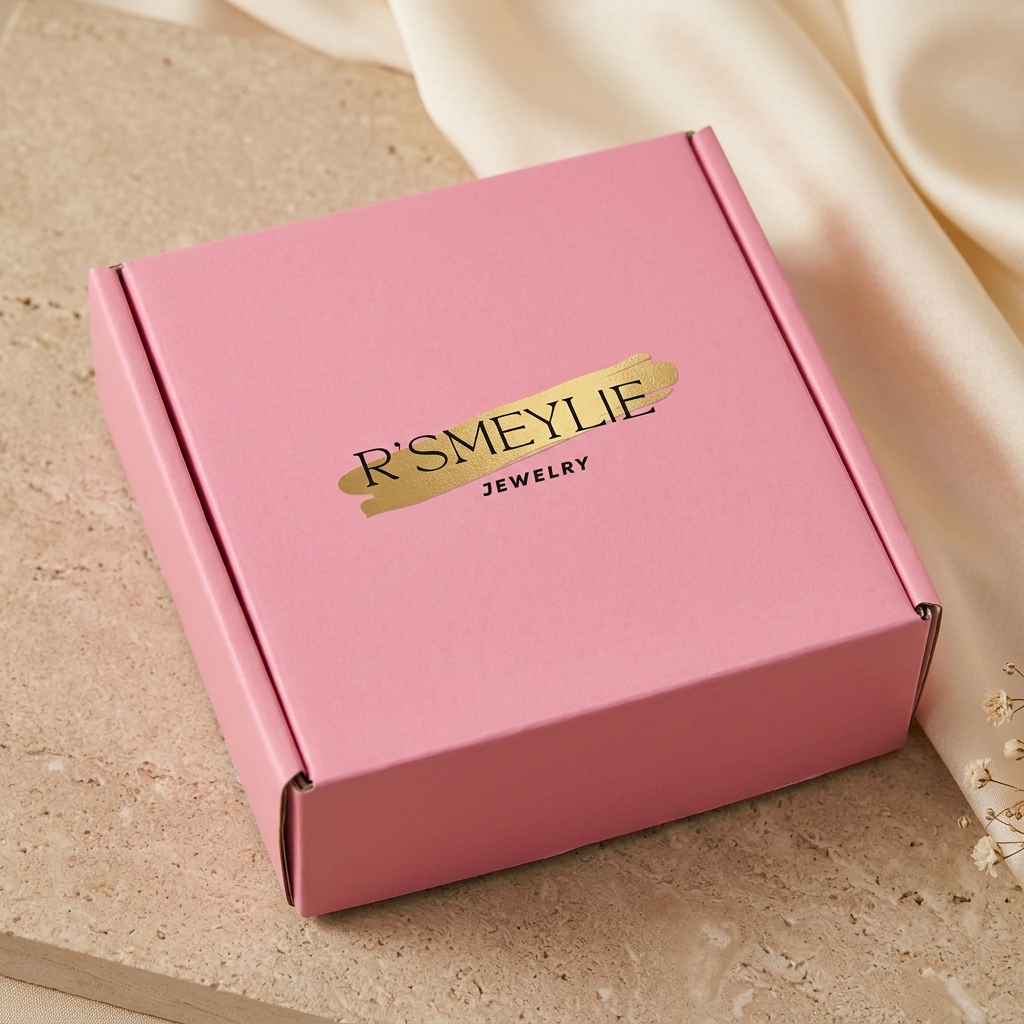Boîte cadeau rose R’Smeylie fermée sur fond beige