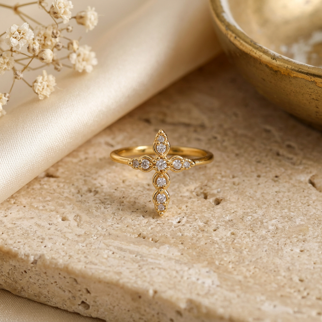 Bague María dorée sur fond beige