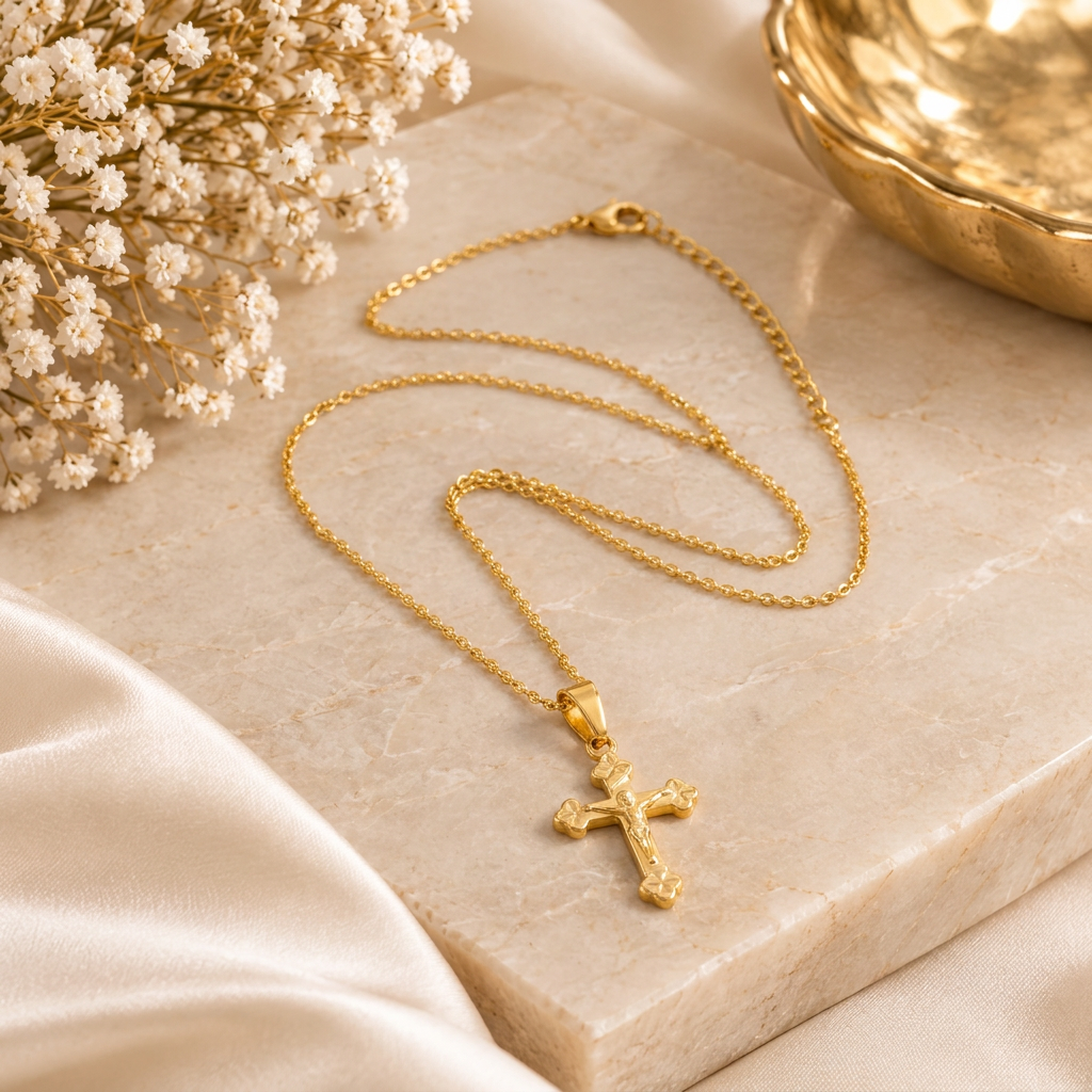 Collier croix Apolline sur décor beige